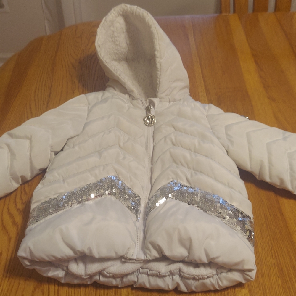 DKNY White Puffer Jacket with Silver Accents